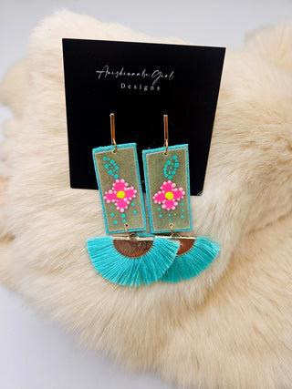 Turquouse Leather Painted Rawhide Parfleche Earrings