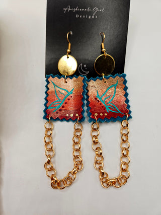 Parfleche Butterfly Painted Earrings on Teal leather